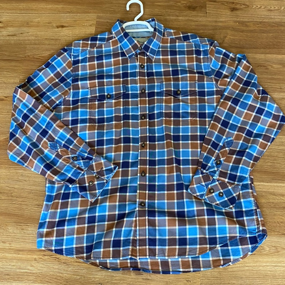 Normcore Plaid Blue Brown Long Sleeve Button Front Shirt Size XL